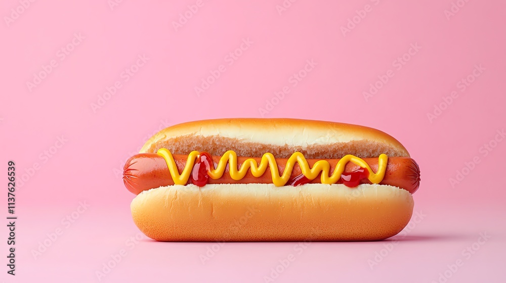 Classic hot dog with mustard and ketchup on a pink background. Classic hot dog with mustard and ketchup on a pink background.