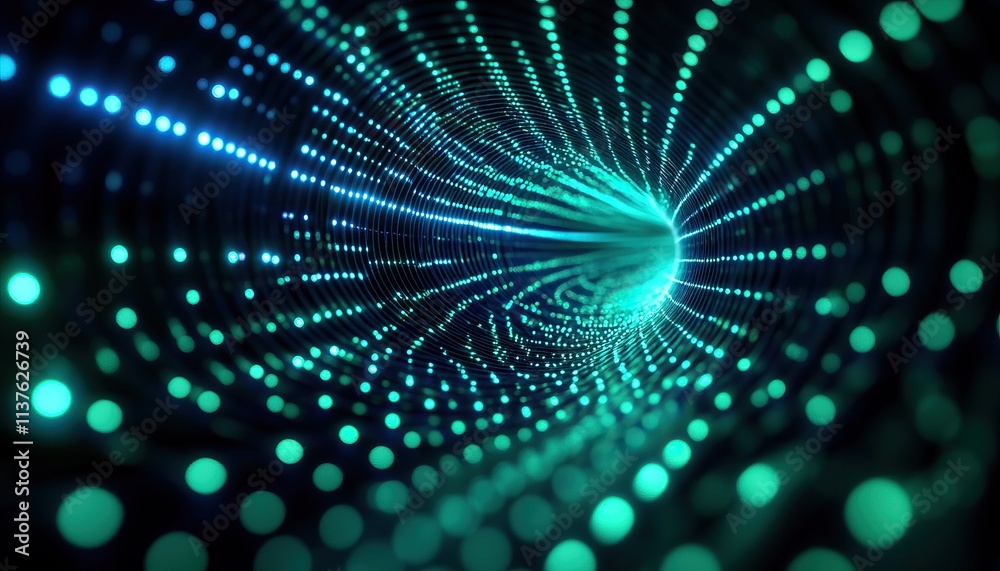 A vibrant, swirling tunnel of glowing particles in shades of blue and green, creating a mesmerizing effect of depth and motion. A vibrant, swirling tunnel of glowing particles in shades of blue and green, creating a mesmerizing effect of depth and motion.