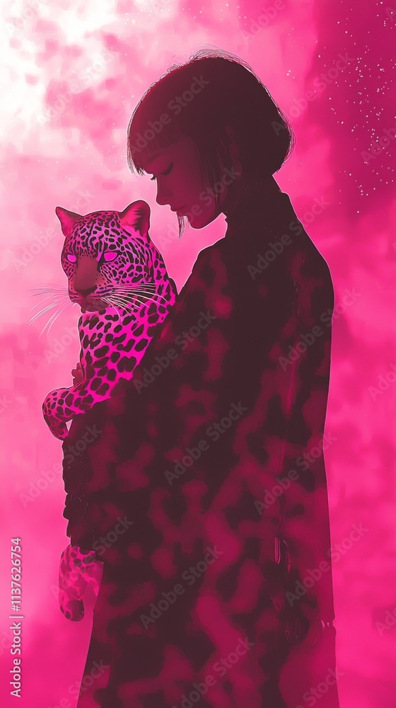 Fototapeta premium Silhouette of a woman holding cat against pink background