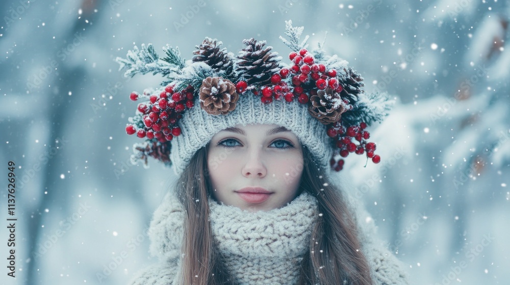 Girl in winter crown with snow falling. Girl in winter crown with snow falling.