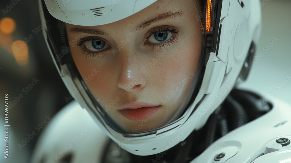 Portrait of a young woman in an astronaut helmet with focused gaze Portrait of a young woman in an astronaut helmet with focused gaze