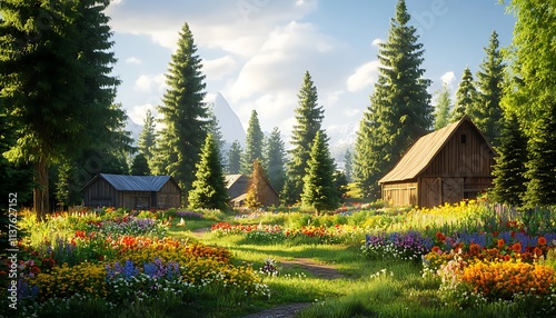 A serene village scene with tall green trees, colorful flower beds, and a wooden barn under bright sunlight