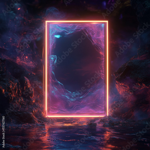 Surreal floating frame surrounded by infinite swirls of color, shimmering edges and fragmented holographic shapes, multidimensional and delirious in a dark and abstract environment.