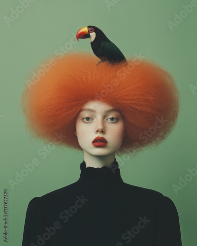 Surreal portrait of a woman with an oversized red afro and a toucan on her head