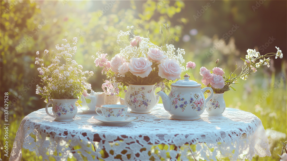 Attractive tea party atmosphere, round tables covered with elegant lace tablecloths, ceramic teacups and teapots decorated with floral patterns, pastel-colored fresh flowers decorating the tables, sof