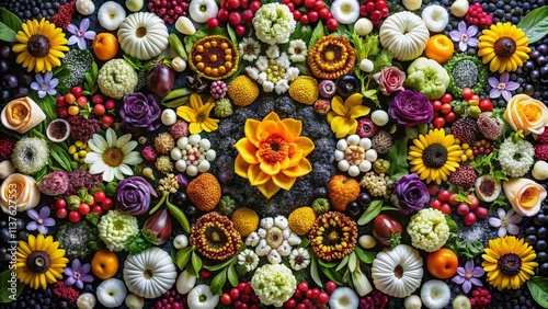Black and White Flower Mosaic Food Photography, Abstract Still Life, Edible Art