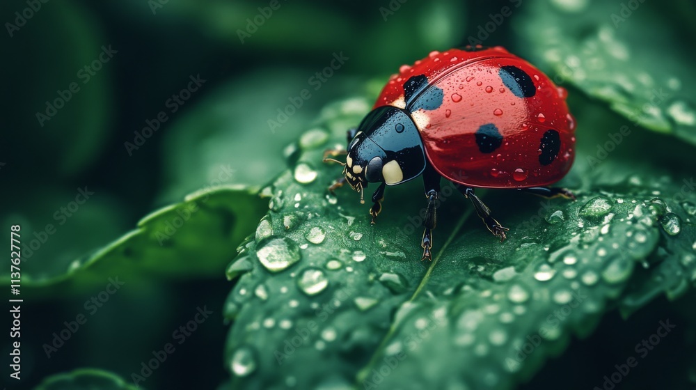 Obraz premium Ladybug sitting on a green leaf covered in dew drops