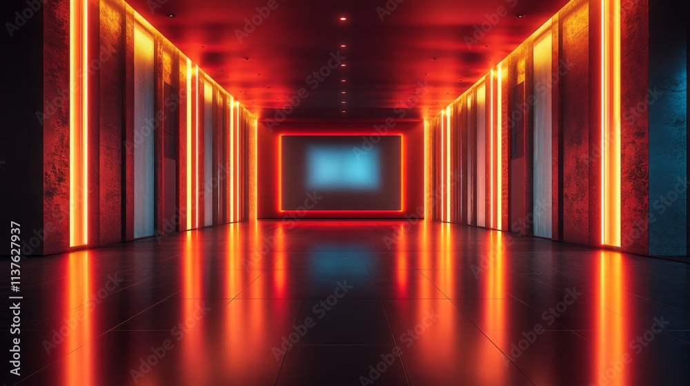 Futuristic corridor with glowing red and blue lights creating a tunnel effect Futuristic corridor with glowing red and blue lights creating a tunnel effect