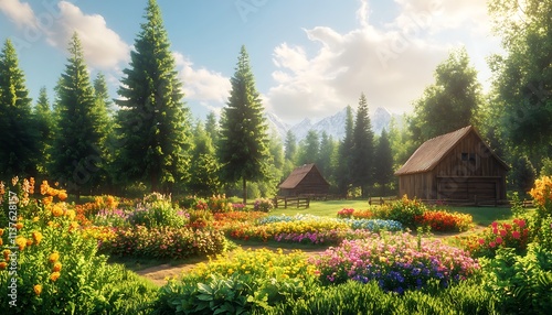 A serene village scene with tall green trees, colorful flower beds, and a wooden barn under bright sunlight