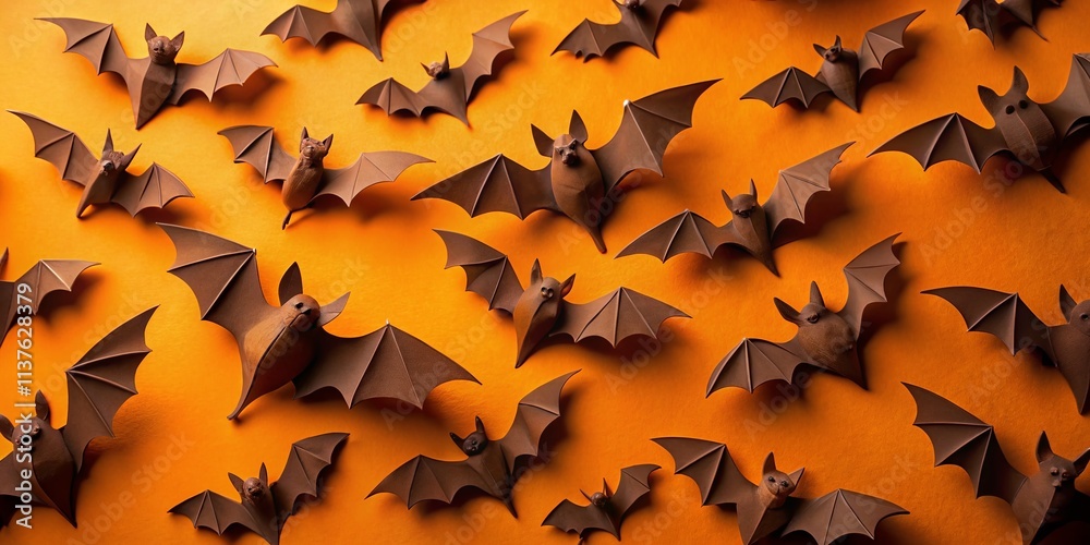 Brown Paper Bats on Orange Background - Halloween Fall Art Brown Paper Bats on Orange Background - Halloween Fall Art