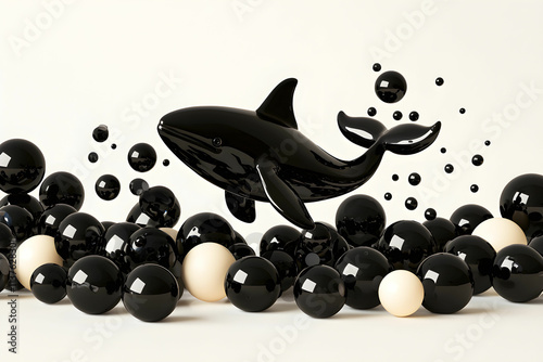 Playful Black Whale Surrounded by Glossy Spheres in Minimalist Art Composition photo