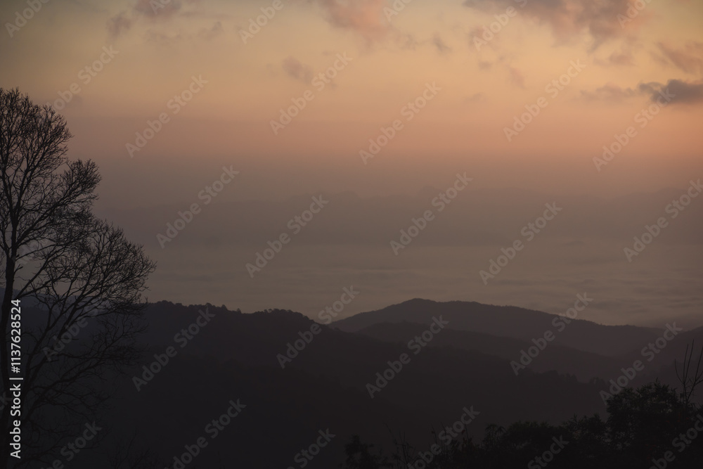 landscape and travel concept with sunrise and layer of mountain and mist with forest on morning landscape and travel concept with sunrise and layer of mountain and mist with forest on morning