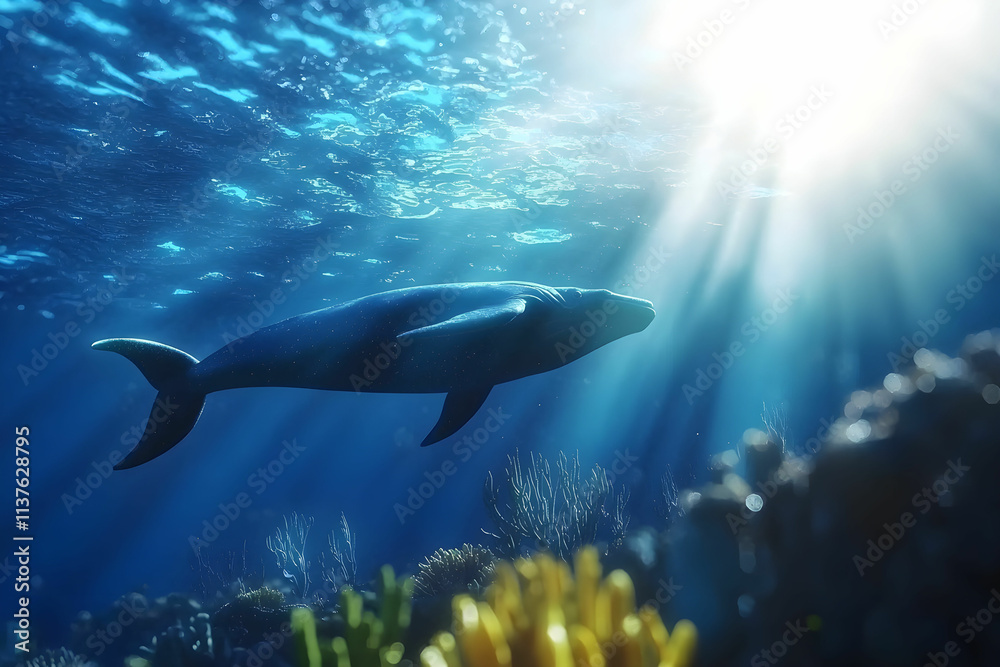 Fototapeta premium Majestic Marine Mammal Swimming Gracefully Through Clear Ocean Waters Under Sunlight Rays