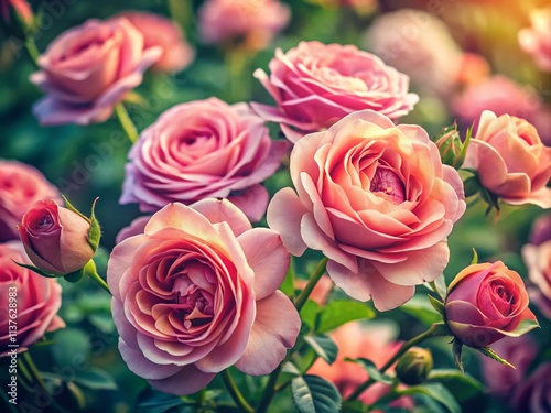 Pink Roses Bloom, Lush Rose Bush, Full Bloom Roses, Soft Pink Roses, Beautiful Rose Illustration, Floral Illustration, Rose Art,  Pink Flower Illustration, Romantic Rose Image