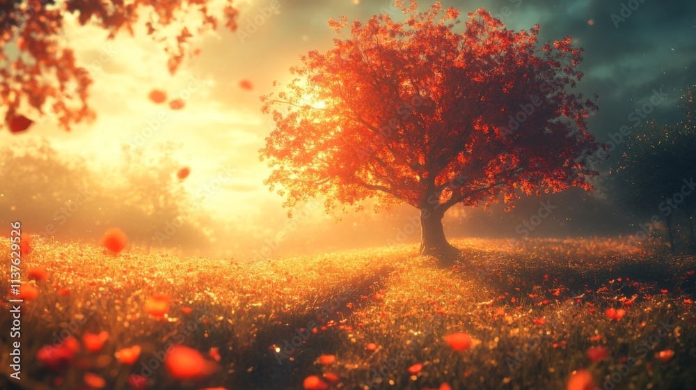 Beautiful glowing autumn tree with sunlight in forest Beautiful glowing autumn tree with sunlight in forest