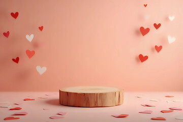 Empty wooden log podium on table with tablecloth and heart shape garland over peach color background. Valentine's day mock up for design and product display