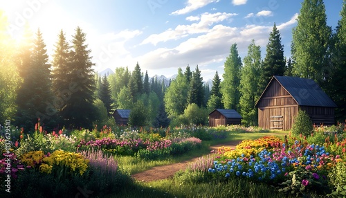 A serene village scene with tall green trees, colorful flower beds, and a wooden barn under bright sunlight