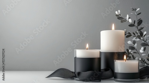 A photo of white and black candles with glass candle holders, on a table against a white background, with a black ribbon around them, in a minimalistic, simple style photo