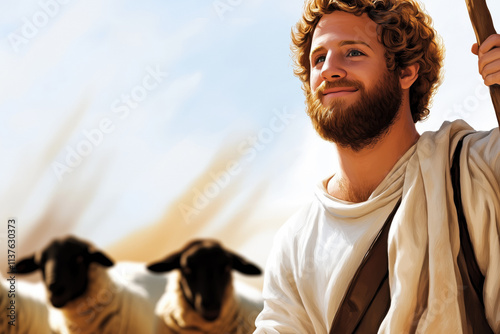 Biblical David as a young shepherd with curly hair, holding a staff, surrounded by sheep in a peaceful pastoral landscape under a bright sky.