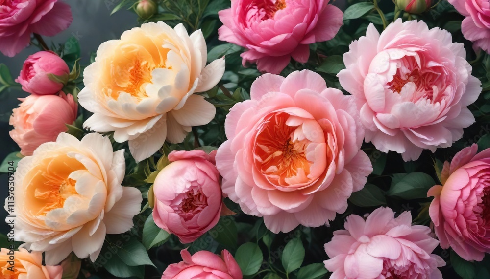 Fototapeta premium Artistic composition of vibrant watercolor roses and peonies, harmony, beautiful color palette, balance