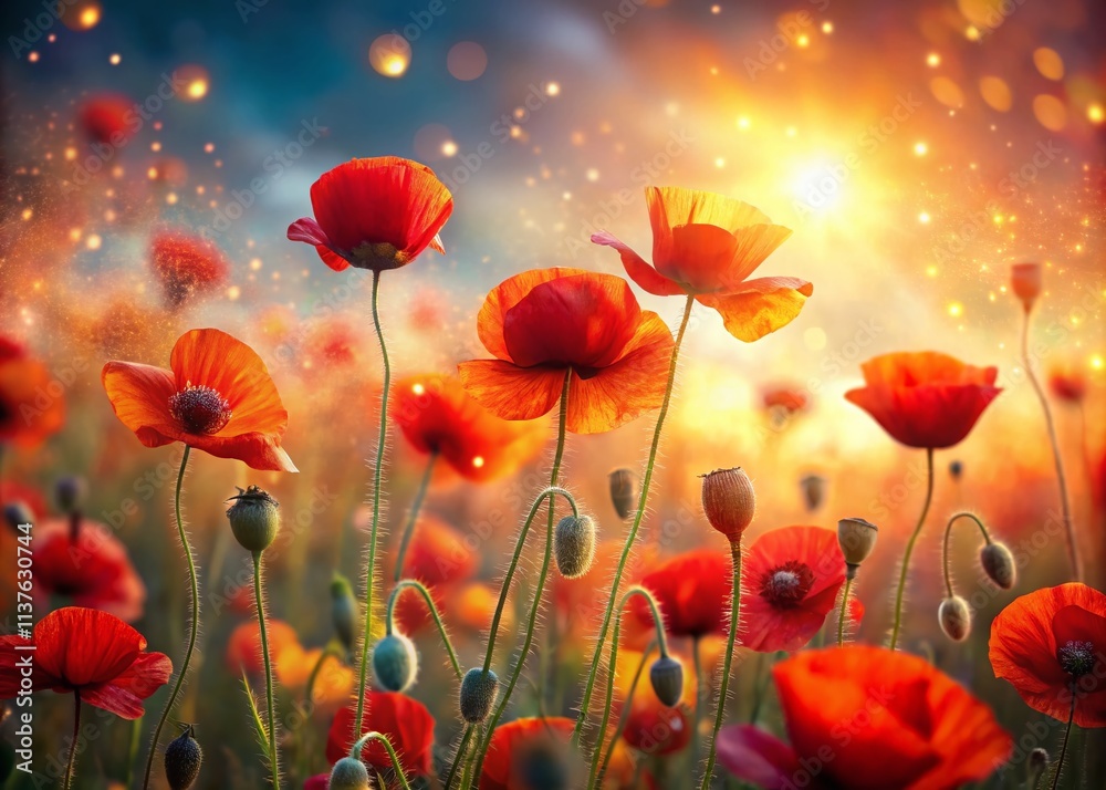 Fototapeta premium Poppy Field Dream, Bokeh Photography, Beautiful Flowers, Red Poppies, Dreamlike Landscape, Soft Focus, Blurred Background, Summer Flowers