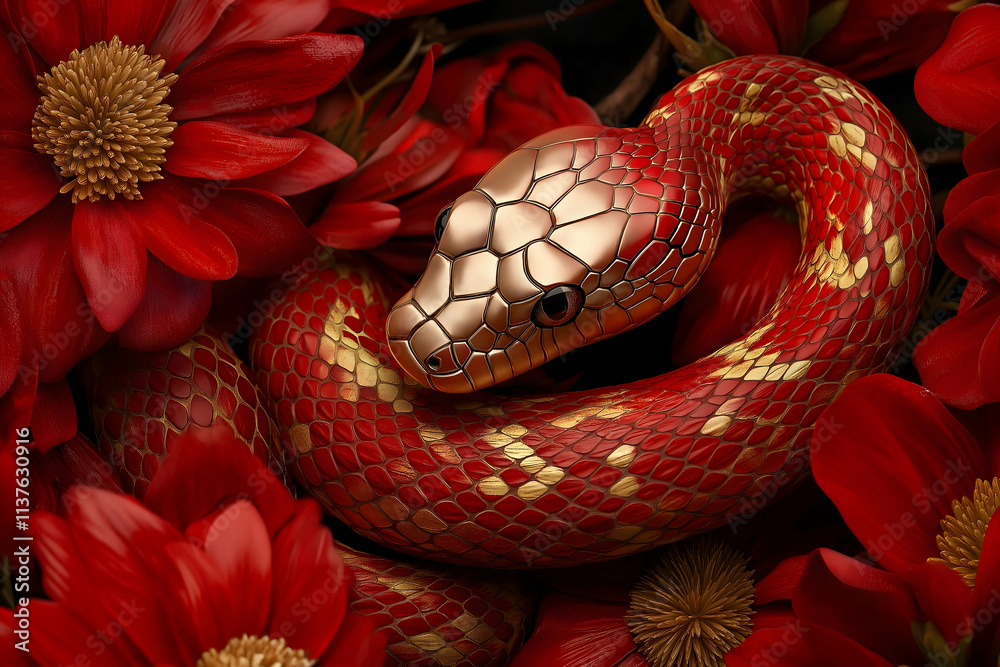 A striking red snake nestled among vibrant red flowers, showcasing its unique scales and colors in a captivating natural setting. A striking red snake nestled among vibrant red flowers, showcasing its unique scales and colors in a captivating natural setting.