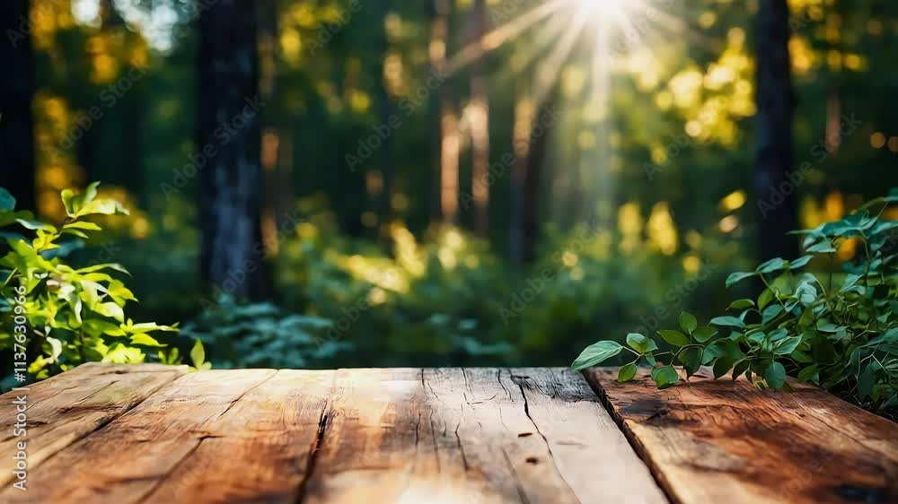 Lush green boreal forest background with an empty wooden table, perfect for product mockups, eco-designs, and nature inspired themes, customizable table-top for edits 4k video Lush green boreal forest background with an empty wooden table, perfect for product mockups, eco-designs, and nature inspired themes, customizable table-top for edits 4k video
