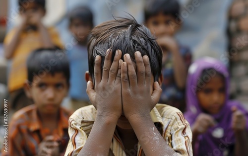 A child covers his face with his hands, surrounded by other children in a vibrant street scene. The game of hide and seek brings joy and unity among friends. photo