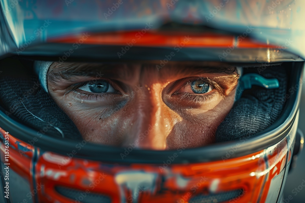Close-up of a race car driver's intense gaze inside a helmet before the race begins. Close-up of a race car driver's intense gaze inside a helmet before the race begins.