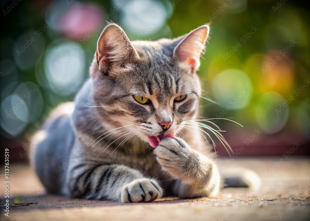Pregnant Grey Mixed Breed Cat, Tilt-Shift Photography, Adorable Kitten Mom, Cute Paw Licking, Miniature World Effect Pregnant Grey Mixed Breed Cat, Tilt-Shift Photography, Adorable Kitten Mom, Cute Paw Licking, Miniature World Effect