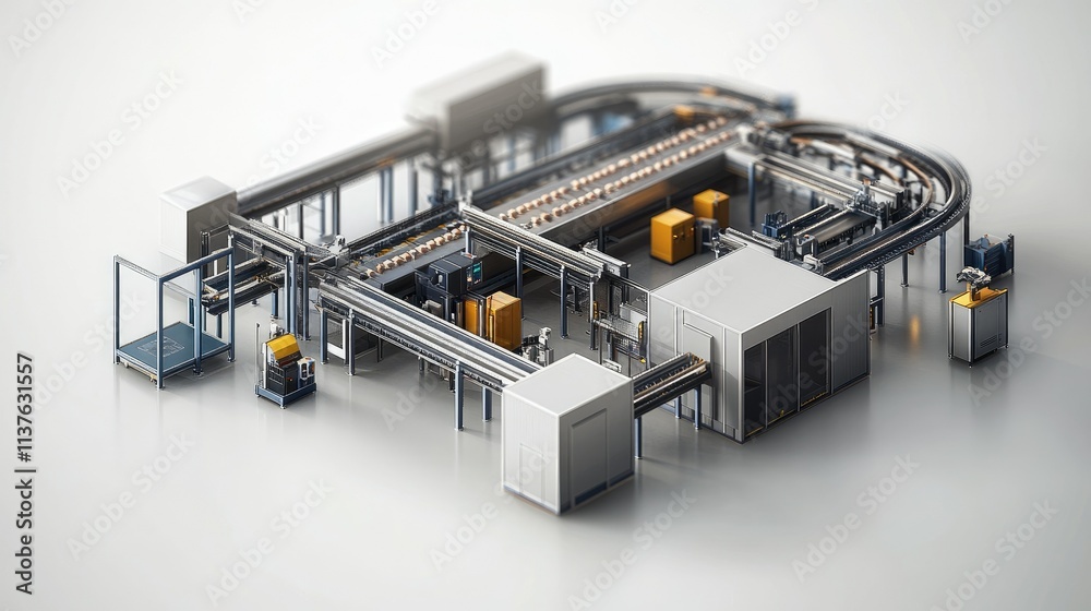 Automated Factory Production Line: A 3D Isometric Rendering of a Modern Industrial Assembly Process Automated Factory Production Line: A 3D Isometric Rendering of a Modern Industrial Assembly Process