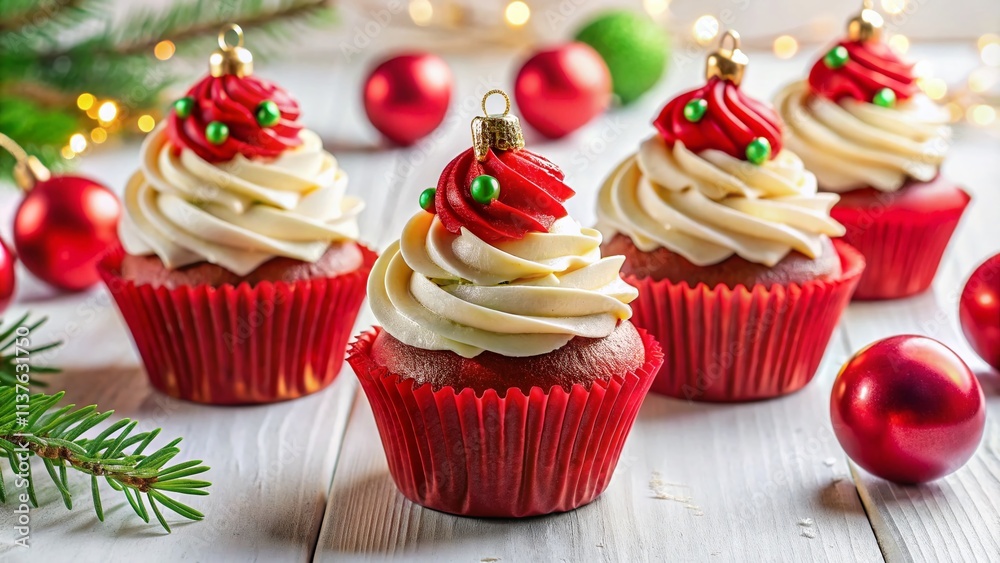 Festive Red Christmas Cupcakes with Ornaments - AI Food Photography Festive Red Christmas Cupcakes with Ornaments - AI Food Photography