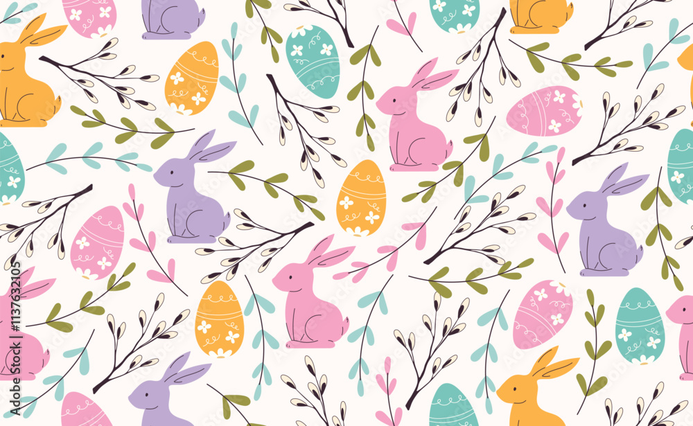 Modern Easter seamless pattern with egg, rabbit, spring flowers. Happy Easter pattern in flat style for background, kids textiles, posters, banners, greeting cards. Vector illustration. Modern Easter seamless pattern with egg, rabbit, spring flowers. Happy Easter pattern in flat style for background, kids textiles, posters, banners, greeting cards. Vector illustration.