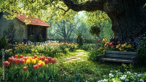 A small village garden with blooming tulips, herbs, and a rustic bench under the shade of a large oak tree