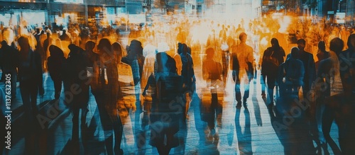 Artistic shot of a crowd of people in motion using the multiplication technique, multi-colored background presenting diversity