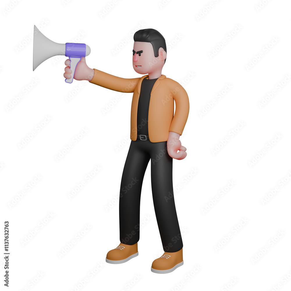 Cartoon Director Film Creative 3D Illustration Model. A male director stands holding a loudspeaker in his right hand, and his left hand is on his waist, expression angry. Professional Character Cartoon Director Film Creative 3D Illustration Model. A male director stands holding a loudspeaker in his right hand, and his left hand is on his waist, expression angry. Professional Character
