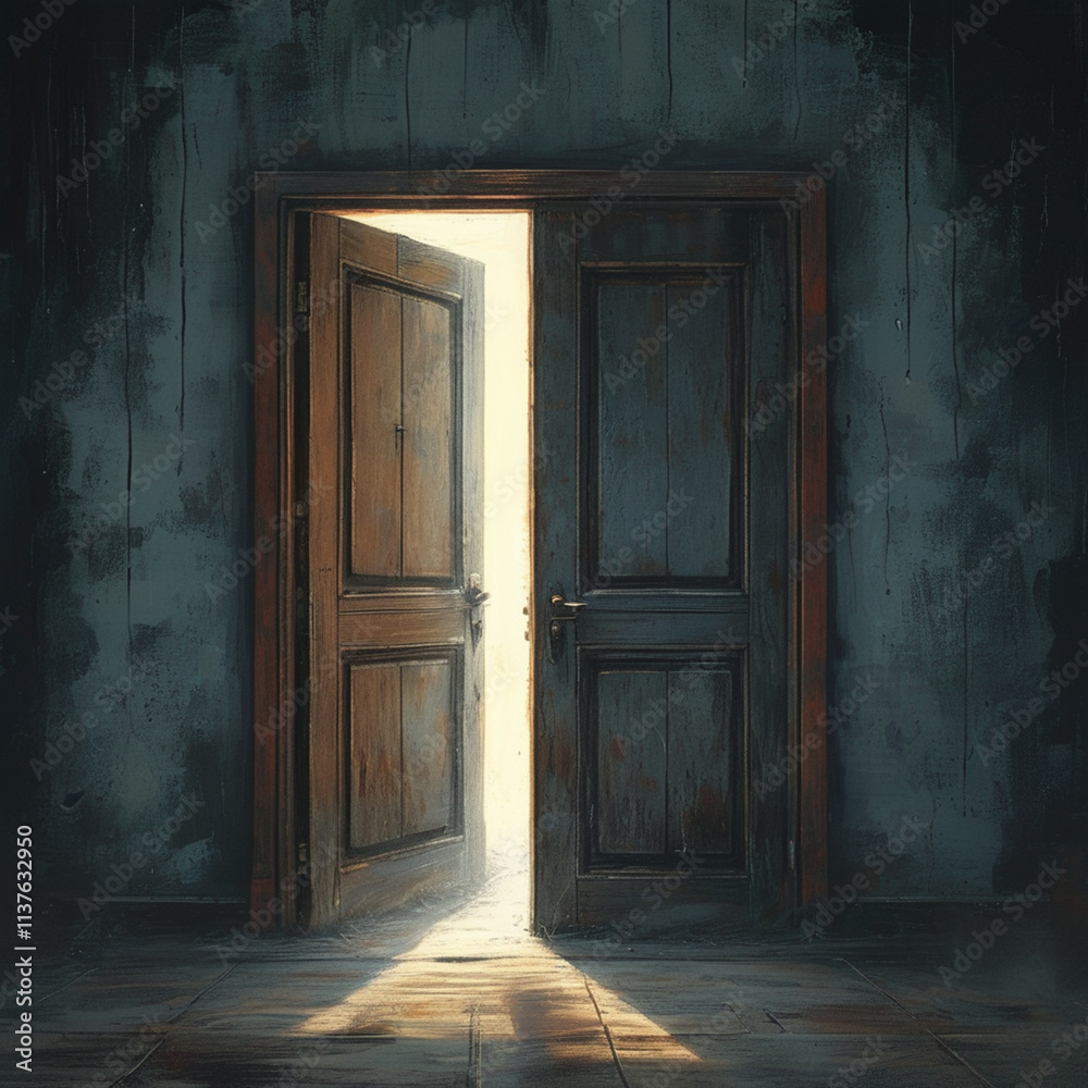 Horror background with open door and light Horror background with open door and light