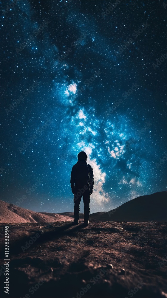 Fototapeta premium Man on hill gazes at vibrant night sky