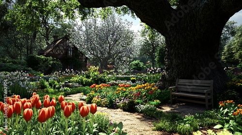 A small village garden with blooming tulips, herbs, and a rustic bench under the shade of a large oak tree