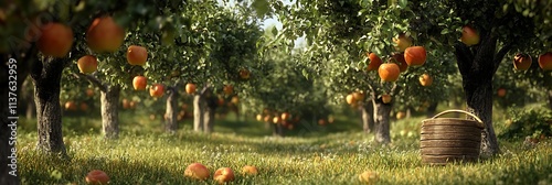 A small village orchard with apple trees, ripe fruits hanging low, and a rustic wooden basket in the grass
