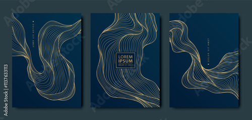 Vector set of abstract fancy art deco line waves, golden luxury covers, labels, premium cards. Curve clouds, leaves, river shape cards, backgrounds