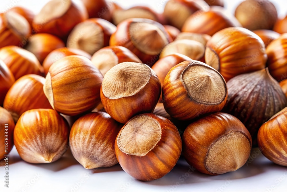 Hazelnuts Close-up, White Background, High-Quality, Bright Lighting, Food Photography Hazelnuts Close-up, White Background, High-Quality, Bright Lighting, Food Photography