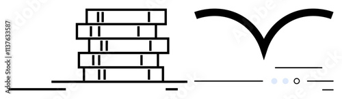 Stack of closed books beside an open book outline in minimalist black lines. Ideal for educational materials, literary themes, libraries, academic discussions, learning growth, publishing industries