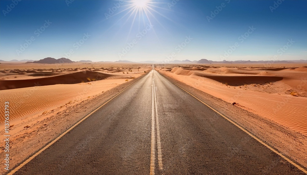 A straight, arid road stretching through the vast African desert A straight, arid road stretching through the vast African desert