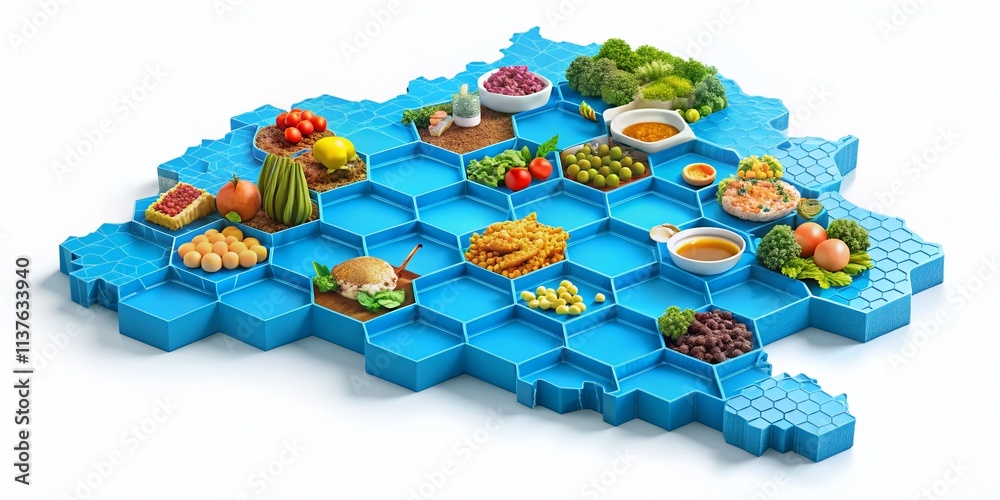 Naklejka premium Isometric Dominican Republic Map, Blue Hexagons, Food Photography, High Depth of Field