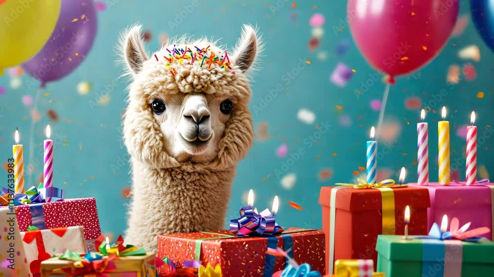 A sweet, fluffy alpaca peeks out from behind a pile of picture