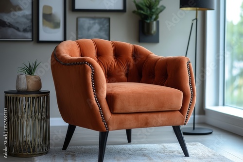 Elegant light brown velvet armchair with dark wood legs and nail-head trim, placed on side table in front of wall frames and modern floor lamp. photo