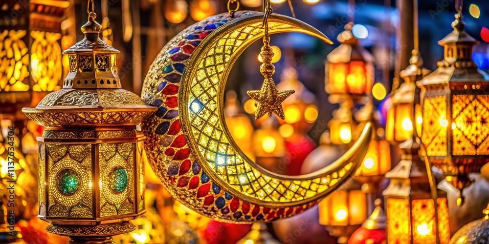 Ramadan & Eid Al-Adha: Golden Crescent Moon, Lanterns & Islamic Lamps Macro Photography Ramadan & Eid Al-Adha: Golden Crescent Moon, Lanterns & Islamic Lamps Macro Photography
