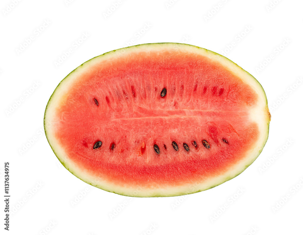 Watermelon half showing seeds and red flesh on transparent background Watermelon half showing seeds and red flesh on transparent background