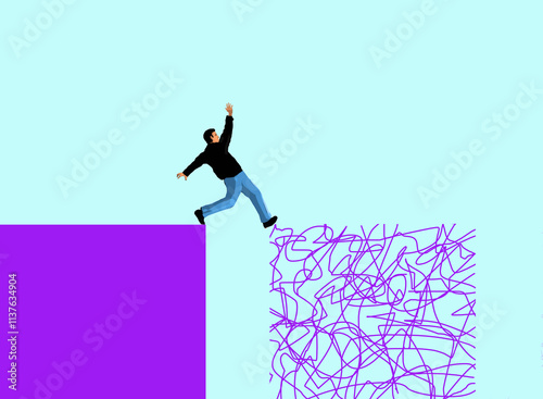 Man balancing on purple square and tangled lines photo